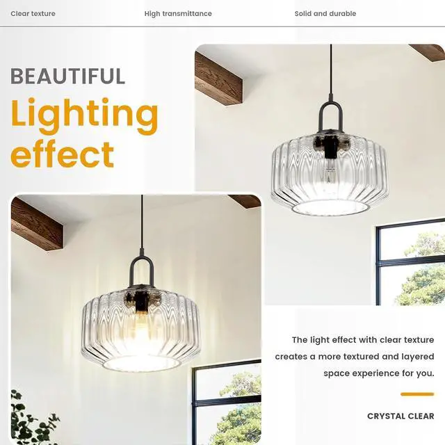 Alt view image 4 of 7 - Large Glass Pendant Lights Kitchen Island Vintage Hanging Light | 11Inch Clear Striped Blown Shade Mid Century Modern Hanging Ceiling Lights with Black Finish Adjustable Cord for Dining Room