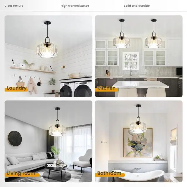 Alt view image 7 of 7 - Large Glass Pendant Lights Kitchen Island Vintage Hanging Light | 11Inch Clear Striped Blown Shade Mid Century Modern Hanging Ceiling Lights with Black Finish Adjustable Cord for Dining Room