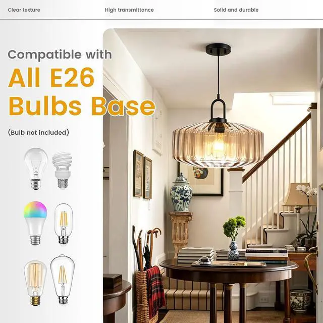 Alt view image 7 of 7 - 13.78 Large Glass Pendant Light Mid Century Amber Lighting Fixture | 1-Lights 35cm Hand Blown Striped Glass Shade Lantern Design, 59.1 Adjustable Cord,Above Table,Kitchen,Large Bedroom,E26 Base