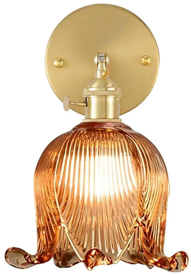 Main image of Mid Century 1-Light Modern Wall Sconce Amber Flower Glass Wall Light | Vintage Bud-shaped Shape Gold Brushed Finish,E26 Base,90° Adjustable rod,Wall Light Fixture for Living Room ,Bedroom, Hallway