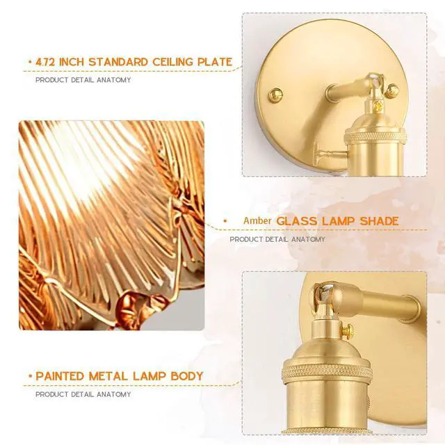 Alt view image 3 of 7 - Mid Century 1-Light Modern Wall Sconce Amber Flower Glass Wall Light | Vintage Bud-shaped Shape Gold Brushed Finish,E26 Base,90° Adjustable rod,Wall Light Fixture for Living Room ,Bedroom, Hallway