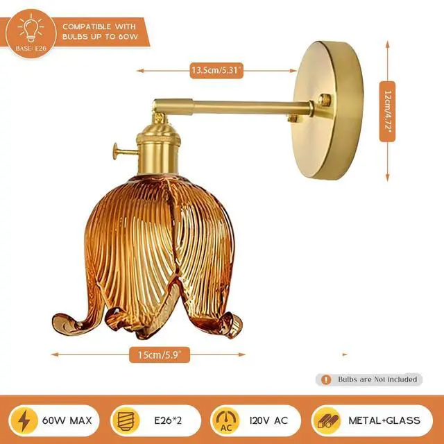 Alt view image 2 of 7 - Mid Century 1-Light Modern Wall Sconce Amber Flower Glass Wall Light | Vintage Bud-shaped Shape Gold Brushed Finish,E26 Base,90° Adjustable rod,Wall Light Fixture for Living Room ,Bedroom, Hallway