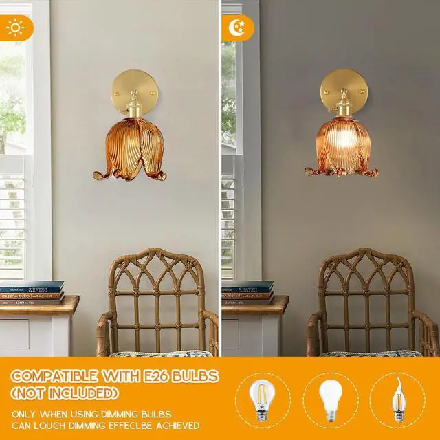 Alt view image 4 of 7 - Mid Century 1-Light Modern Wall Sconce Amber Flower Glass Wall Light | Vintage Bud-shaped Shape Gold Brushed Finish,E26 Base,90° Adjustable rod,Wall Light Fixture for Living Room ,Bedroom, Hallway