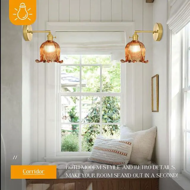 Alt view image 5 of 7 - Mid Century 1-Light Modern Wall Sconce Amber Flower Glass Wall Light | Vintage Bud-shaped Shape Gold Brushed Finish,E26 Base,90° Adjustable rod,Wall Light Fixture for Living Room ,Bedroom, Hallway
