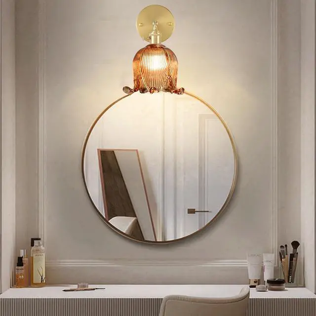 Alt view image 7 of 7 - Mid Century 1-Light Modern Wall Sconce Amber Flower Glass Wall Light | Vintage Bud-shaped Shape Gold Brushed Finish,E26 Base,90° Adjustable rod,Wall Light Fixture for Living Room ,Bedroom, Hallway