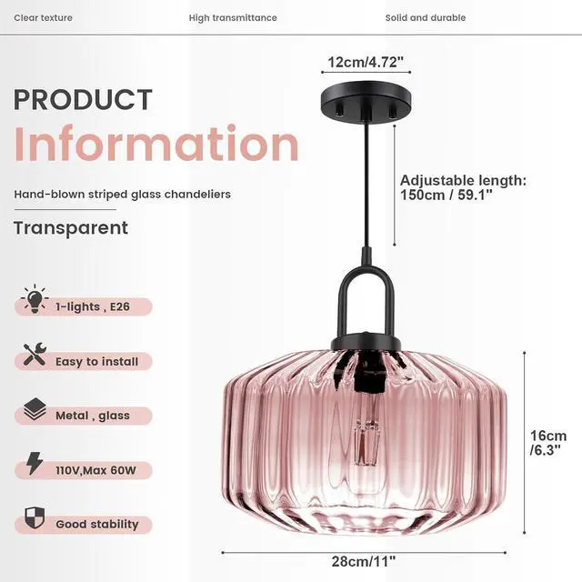 Alt view image 2 of 7 - Pink Glass Pendant Light Fixture - Mid Century Modern Hanging Light | 11Inch Striped Dome Shade, 59.1inch Adjustable Height, Black finish ,E26 Base for Dining Room, Bedroom, Kitchen Island