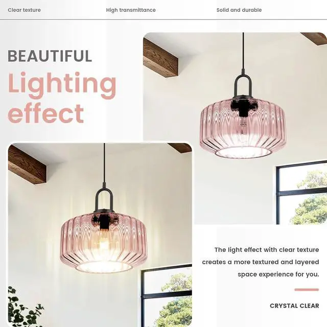 Alt view image 4 of 7 - Pink Glass Pendant Light Fixture - Mid Century Modern Hanging Light | 11Inch Striped Dome Shade, 59.1inch Adjustable Height, Black finish ,E26 Base for Dining Room, Bedroom, Kitchen Island