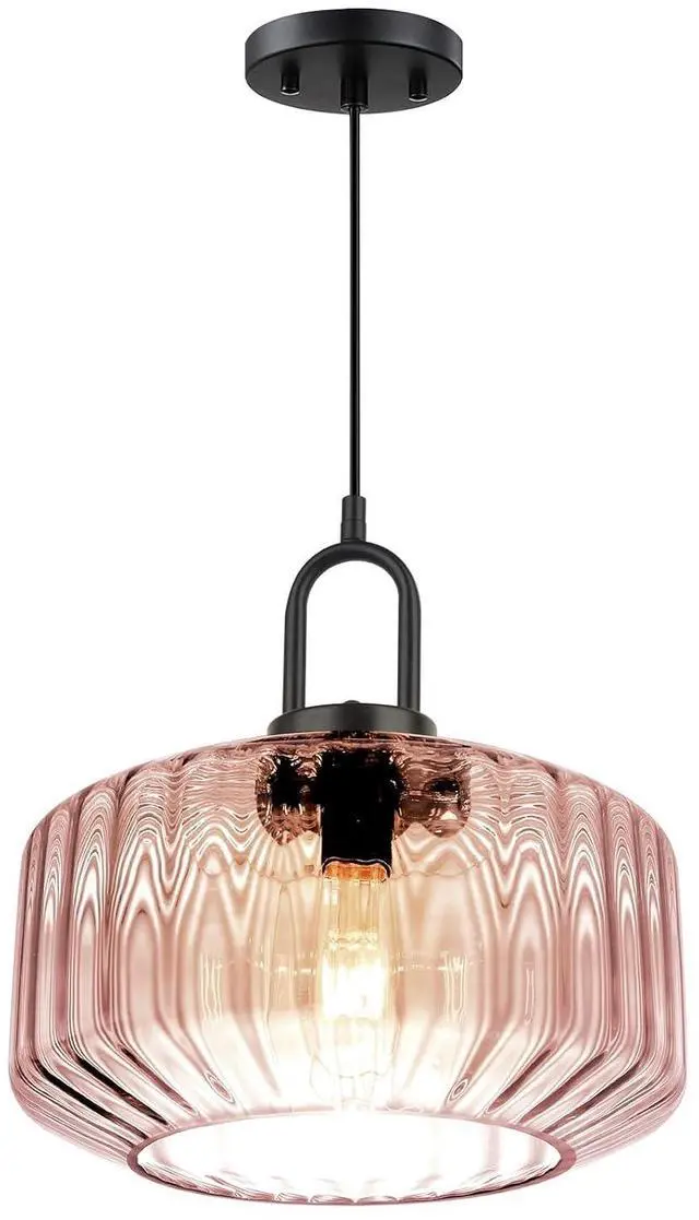 Main image of Pink Glass Pendant Light Fixture - Mid Century Modern Hanging Light | 11Inch Striped Dome Shade, 59.1inch Adjustable Height, Black finish ,E26 Base for Dining Room, Bedroom, Kitchen Island