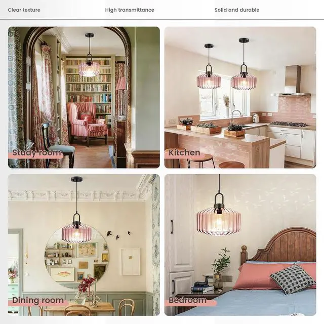 Alt view image 6 of 7 - Pink Glass Pendant Light Fixture - Mid Century Modern Hanging Light | 11Inch Striped Dome Shade, 59.1inch Adjustable Height, Black finish ,E26 Base for Dining Room, Bedroom, Kitchen Island