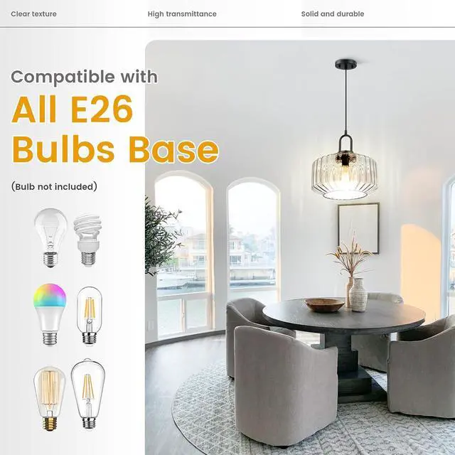 Alt view image 5 of 7 - Large Glass Pendant Lights Kitchen Island Vintage Hanging Light | 11Inch Clear Striped Blown Shade Mid Century Modern Hanging Ceiling Lights with Black Finish Adjustable Cord for Dining Room
