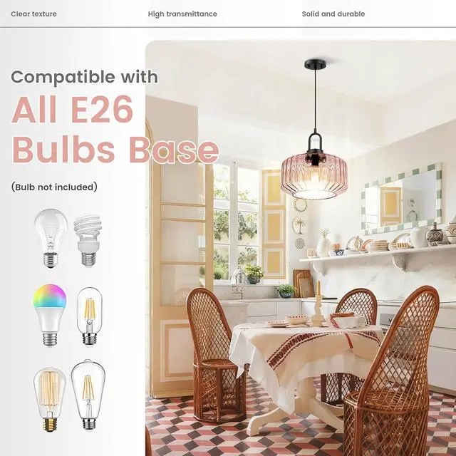 Alt view image 7 of 7 - Pink Glass Pendant Light Fixture - Mid Century Modern Hanging Light | 11Inch Striped Dome Shade, 59.1inch Adjustable Height, Black finish ,E26 Base for Dining Room, Bedroom, Kitchen Island