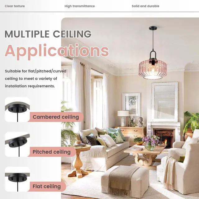 Alt view image 5 of 7 - Pink Glass Pendant Light Fixture - Mid Century Modern Hanging Light | 11Inch Striped Dome Shade, 59.1inch Adjustable Height, Black finish ,E26 Base for Dining Room, Bedroom, Kitchen Island
