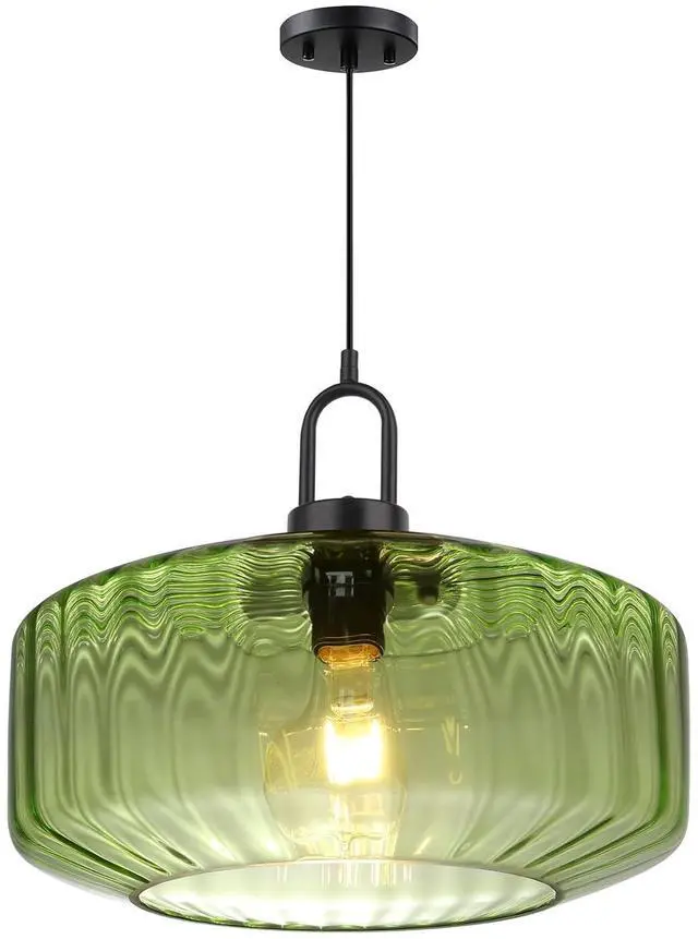 Main image of Modern Hanging Light Green Pendant Light Fixture Mid Century 1-Light | Large Glass Pendant Light 13.78" Striped Glass Shade Black Schoolhouse Kitchen Ceiling Hanging Lamp Fixture Adjustable Cord