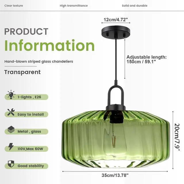 Alt view image 2 of 7 - Modern Hanging Light Green Pendant Light Fixture Mid Century 1-Light | Large Glass Pendant Light 13.78" Striped Glass Shade Black Schoolhouse Kitchen Ceiling Hanging Lamp Fixture Adjustable Cord