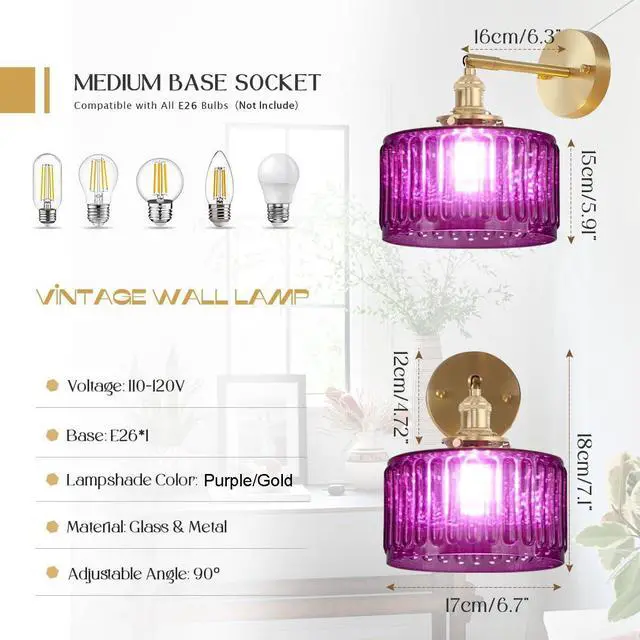 Alt view image 2 of 7 - Vintage Wall Sconce Bathroom Sconces Purple Stripe Glass Hallway Light fixtures Brass Brushed Gold Vanity Wall Mount Light Swing arm Wall Lighting for Over Mirror Bedroom Farmhouse