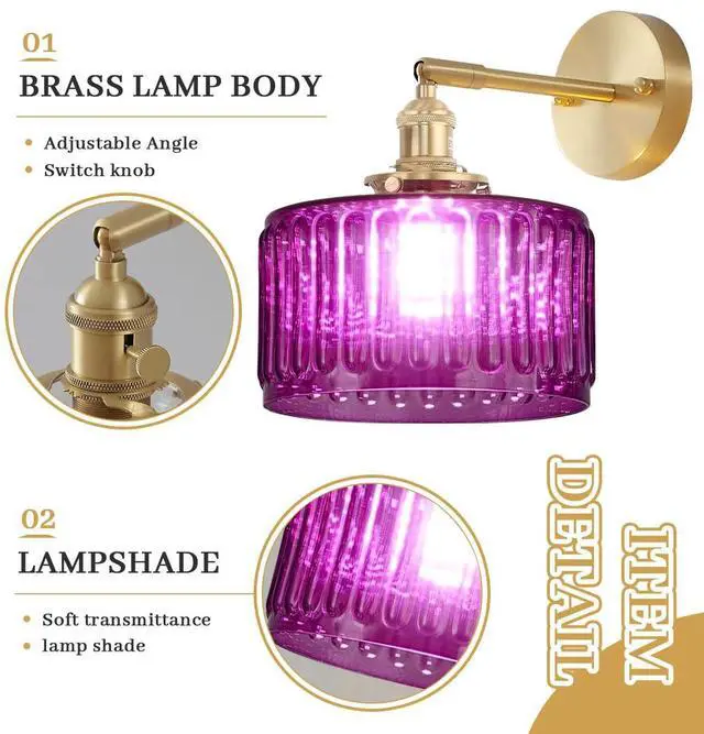 Alt view image 3 of 7 - Vintage Wall Sconce Bathroom Sconces Purple Stripe Glass Hallway Light fixtures Brass Brushed Gold Vanity Wall Mount Light Swing arm Wall Lighting for Over Mirror Bedroom Farmhouse