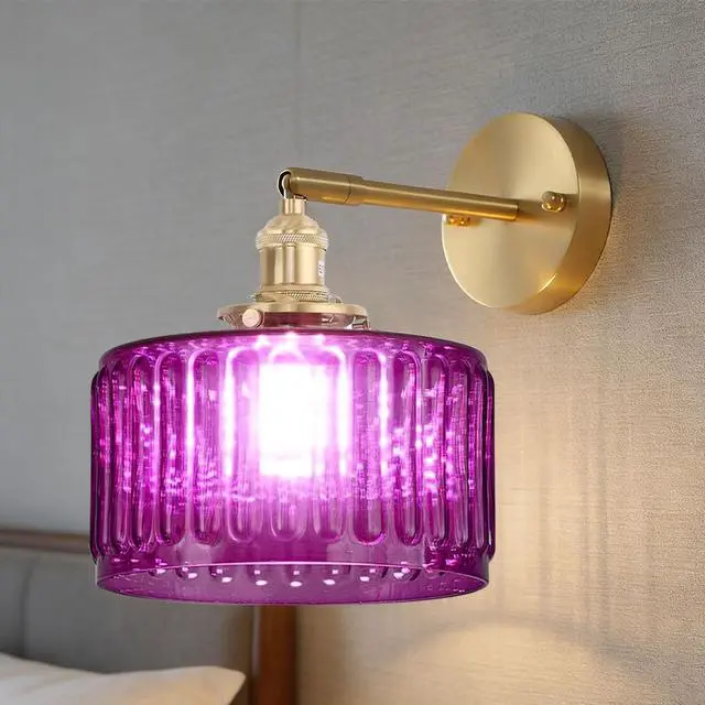 Alt view image 4 of 7 - Vintage Wall Sconce Bathroom Sconces Purple Stripe Glass Hallway Light fixtures Brass Brushed Gold Vanity Wall Mount Light Swing arm Wall Lighting for Over Mirror Bedroom Farmhouse