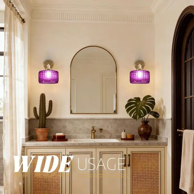 Alt view image 6 of 7 - Vintage Wall Sconce Bathroom Sconces Purple Stripe Glass Hallway Light fixtures Brass Brushed Gold Vanity Wall Mount Light Swing arm Wall Lighting for Over Mirror Bedroom Farmhouse