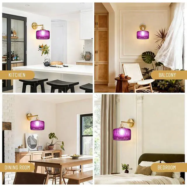 Alt view image 7 of 7 - Vintage Wall Sconce Bathroom Sconces Purple Stripe Glass Hallway Light fixtures Brass Brushed Gold Vanity Wall Mount Light Swing arm Wall Lighting for Over Mirror Bedroom Farmhouse
