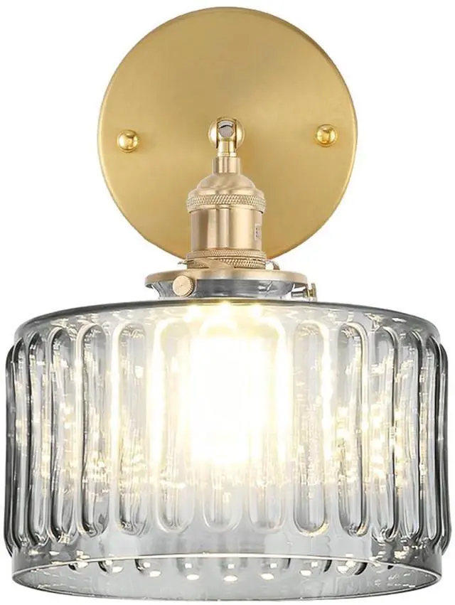 Main image of Glass Wall Mount Light Gray GlassShade Vintage Bathroom Lamp Fixture | Mid Century Art Deco Gold Brass Swing arm D6.7 Round Stripe Glass Shade E26 Base for Over Mirror Bedroom Farmhouse Hallway