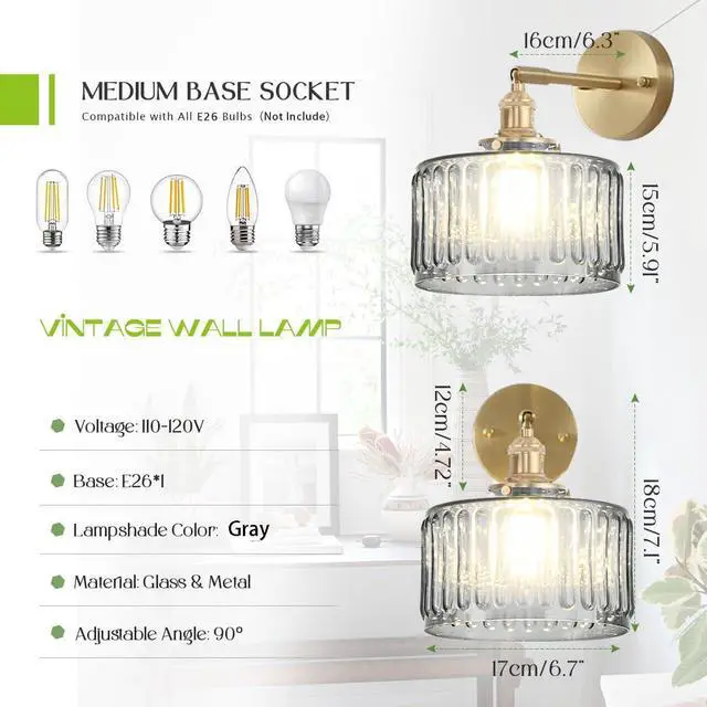Alt view image 2 of 7 - Glass Wall Mount Light Gray GlassShade Vintage Bathroom Lamp Fixture | Mid Century Art Deco Gold Brass Swing arm D6.7 Round Stripe Glass Shade E26 Base for Over Mirror Bedroom Farmhouse Hallway