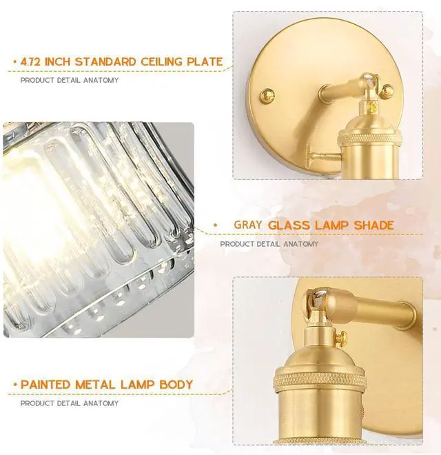 Alt view image 3 of 7 - Glass Wall Mount Light Gray GlassShade Vintage Bathroom Lamp Fixture | Mid Century Art Deco Gold Brass Swing arm D6.7 Round Stripe Glass Shade E26 Base for Over Mirror Bedroom Farmhouse Hallway