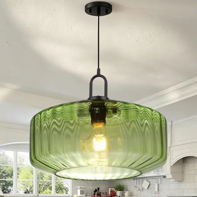 Alt view image 3 of 7 - Modern Hanging Light Green Pendant Light Fixture Mid Century 1-Light | Large Glass Pendant Light 13.78" Striped Glass Shade Black Schoolhouse Kitchen Ceiling Hanging Lamp Fixture Adjustable Cord