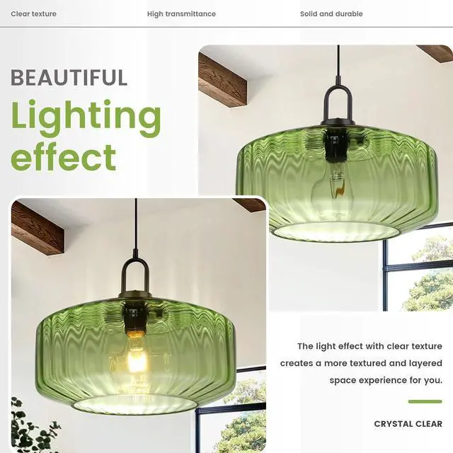 Alt view image 4 of 7 - Modern Hanging Light Green Pendant Light Fixture Mid Century 1-Light | Large Glass Pendant Light 13.78" Striped Glass Shade Black Schoolhouse Kitchen Ceiling Hanging Lamp Fixture Adjustable Cord