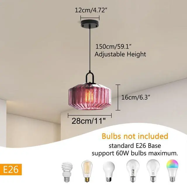 Alt view image 2 of 7 - Mid Century Hanging Light Purple Glass Ceiling Pendant Lights | 2-Pack 28cm/11Inch Striped Glass Globe Shade Vintage Modern Light fixtures Black Finish E26 Base Kitchen Island Dining room