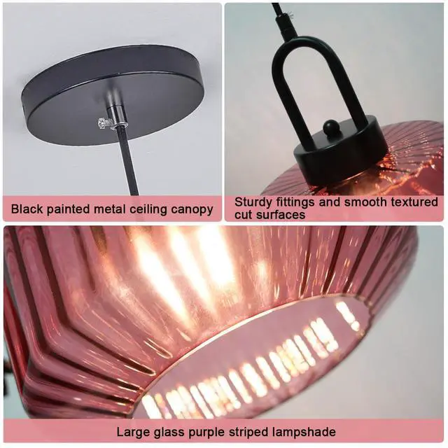 Alt view image 3 of 7 - Glass Globe Pendant Light Mid Century Modern Pendant Lighting | Vintage Glass Light fixtures with 11Inch Purple Glass Shade Black Metal Ceiling Pendant Lights Dining Room Bedroom Kitchen