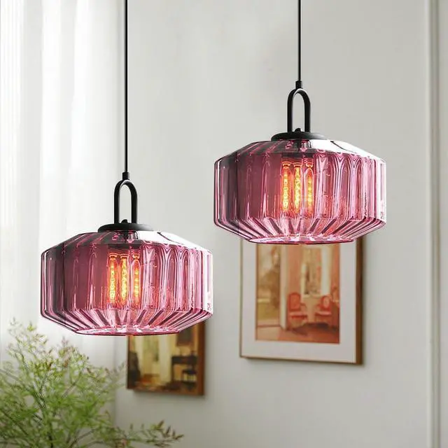 Alt view image 4 of 7 - Mid Century Hanging Light Purple Glass Ceiling Pendant Lights | 2-Pack 28cm/11Inch Striped Glass Globe Shade Vintage Modern Light fixtures Black Finish E26 Base Kitchen Island Dining room