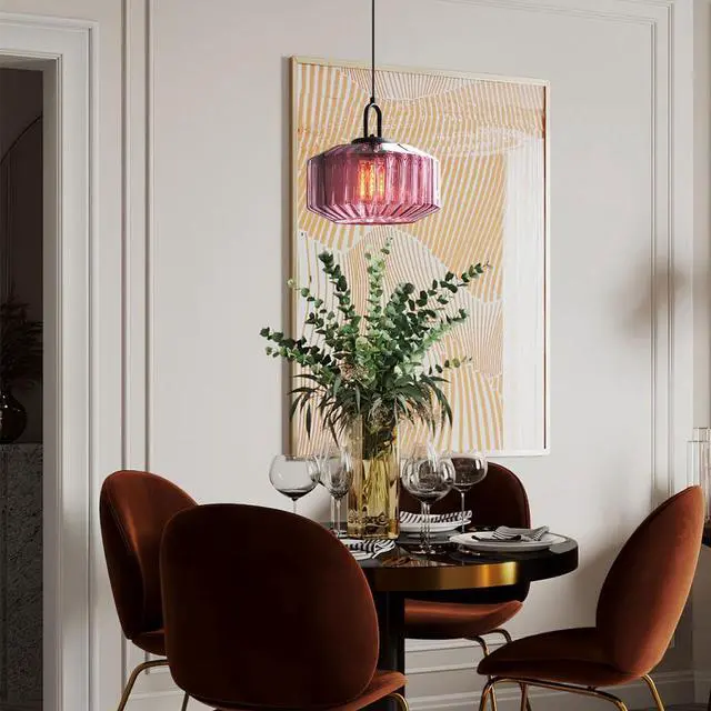 Alt view image 5 of 7 - Mid Century Hanging Light Purple Glass Ceiling Pendant Lights | 2-Pack 28cm/11Inch Striped Glass Globe Shade Vintage Modern Light fixtures Black Finish E26 Base Kitchen Island Dining room