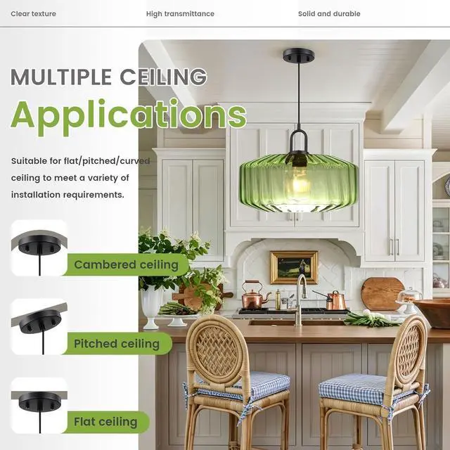 Alt view image 6 of 7 - Modern Hanging Light Green Pendant Light Fixture Mid Century 1-Light | Large Glass Pendant Light 13.78" Striped Glass Shade Black Schoolhouse Kitchen Ceiling Hanging Lamp Fixture Adjustable Cord