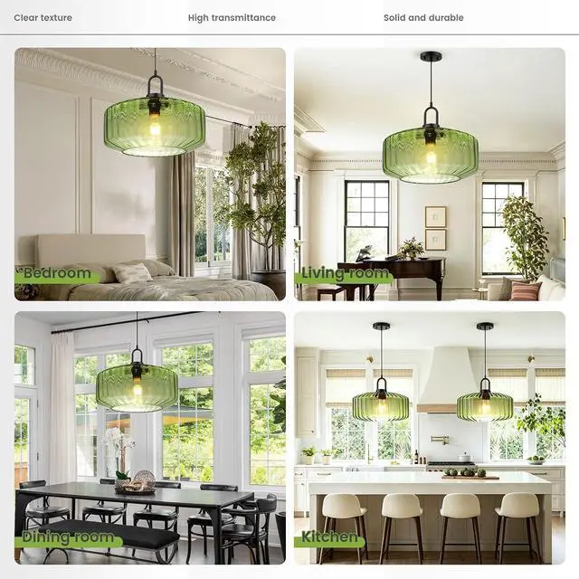 Alt view image 7 of 7 - Modern Hanging Light Green Pendant Light Fixture Mid Century 1-Light | Large Glass Pendant Light 13.78" Striped Glass Shade Black Schoolhouse Kitchen Ceiling Hanging Lamp Fixture Adjustable Cord