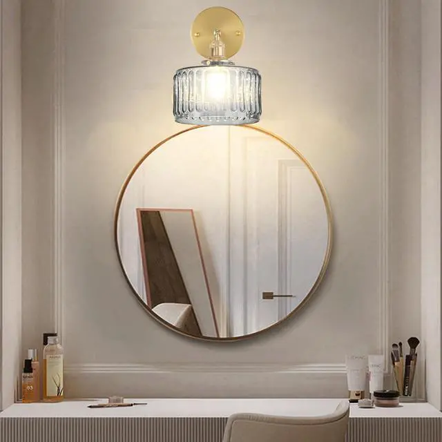 Alt view image 5 of 7 - Glass Wall Mount Light Gray GlassShade Vintage Bathroom Lamp Fixture | Mid Century Art Deco Gold Brass Swing arm D6.7 Round Stripe Glass Shade E26 Base for Over Mirror Bedroom Farmhouse Hallway