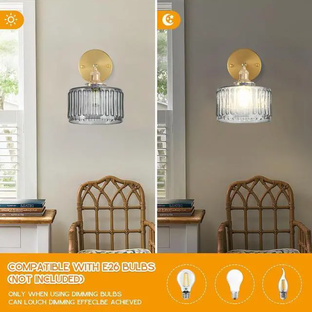 Alt view image 4 of 7 - Glass Wall Mount Light Gray GlassShade Vintage Bathroom Lamp Fixture | Mid Century Art Deco Gold Brass Swing arm D6.7 Round Stripe Glass Shade E26 Base for Over Mirror Bedroom Farmhouse Hallway