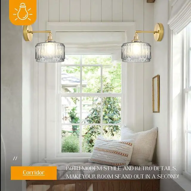 Alt view image 6 of 7 - Glass Wall Mount Light Gray GlassShade Vintage Bathroom Lamp Fixture | Mid Century Art Deco Gold Brass Swing arm D6.7 Round Stripe Glass Shade E26 Base for Over Mirror Bedroom Farmhouse Hallway