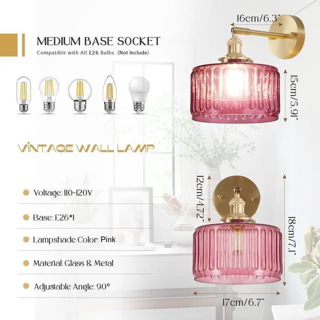 Alt view image 2 of 7 - Vintage Wall Sconce Light Pink Stripe Glass Bathroom Light Fixture Brushed Gold Vanity Light Bathroom Sconce Modern Wall Mount Light Swing arm Wall Lighting fixtures for Over Mirror