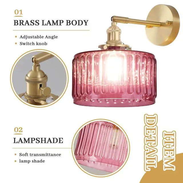 Alt view image 3 of 7 - Vintage Wall Sconce Light Pink Stripe Glass Bathroom Light Fixture Brushed Gold Vanity Light Bathroom Sconce Modern Wall Mount Light Swing arm Wall Lighting fixtures for Over Mirror