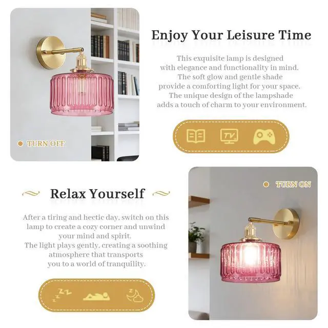Alt view image 7 of 7 - Vintage Wall Sconce Light Pink Stripe Glass Bathroom Light Fixture Brushed Gold Vanity Light Bathroom Sconce Modern Wall Mount Light Swing arm Wall Lighting fixtures for Over Mirror