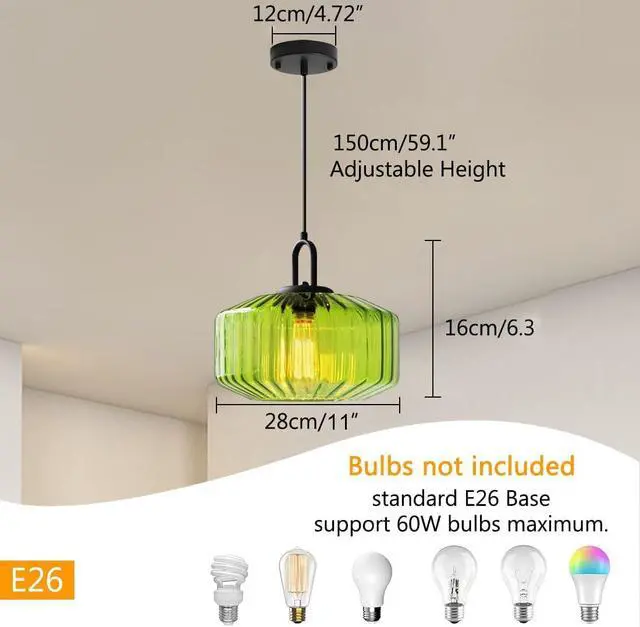 Alt view image 2 of 7 - Green Glass Hanging Light mid Century Modern Chandelier Pendant Lamps Striped Glass Shade Adjustable Cord Hanging Ceiling Lighting Fixture for Dining Room Kitchen Island Bedroom