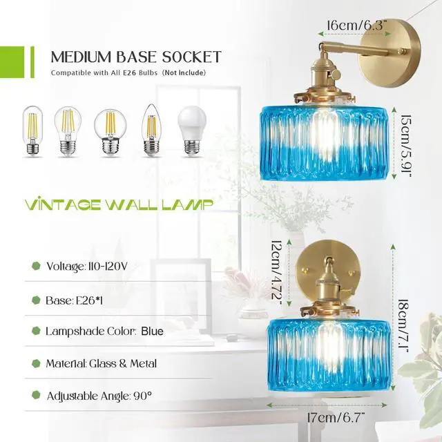 Alt view image 2 of 7 - 1-Light Blue Vanity Light for Bathroom Vintage Glass Sconce Striped Glass Wall Light Fixture Modern Gold Brass Wall Sconce Globe Vanity Lights Round Wall Mounted Light Bedroom Hallway