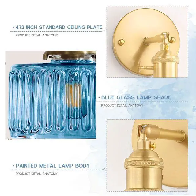 Alt view image 3 of 7 - 1-Light Blue Vanity Light for Bathroom Vintage Glass Sconce Striped Glass Wall Light Fixture Modern Gold Brass Wall Sconce Globe Vanity Lights Round Wall Mounted Light Bedroom Hallway