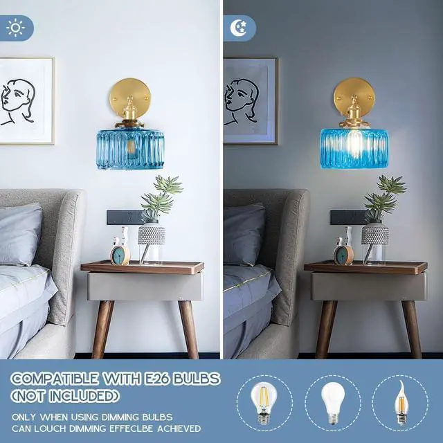 Alt view image 4 of 7 - 1-Light Blue Vanity Light for Bathroom Vintage Glass Sconce Striped Glass Wall Light Fixture Modern Gold Brass Wall Sconce Globe Vanity Lights Round Wall Mounted Light Bedroom Hallway