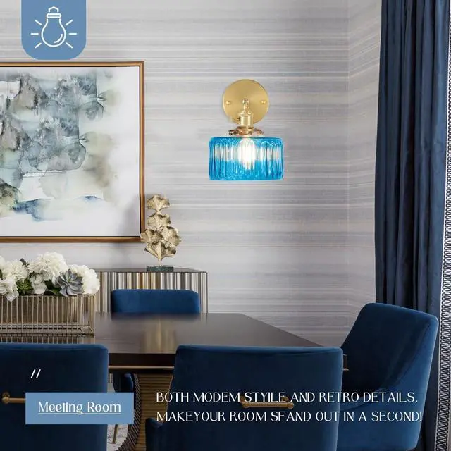 Alt view image 5 of 7 - 1-Light Blue Vanity Light for Bathroom Vintage Glass Sconce Striped Glass Wall Light Fixture Modern Gold Brass Wall Sconce Globe Vanity Lights Round Wall Mounted Light Bedroom Hallway