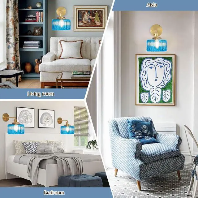 Alt view image 6 of 7 - 1-Light Blue Vanity Light for Bathroom Vintage Glass Sconce Striped Glass Wall Light Fixture Modern Gold Brass Wall Sconce Globe Vanity Lights Round Wall Mounted Light Bedroom Hallway