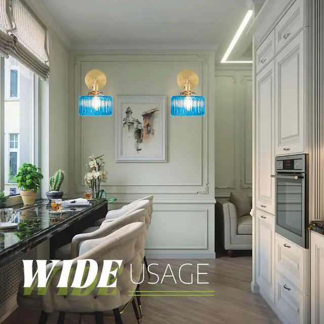 Alt view image 7 of 7 - 1-Light Blue Vanity Light for Bathroom Vintage Glass Sconce Striped Glass Wall Light Fixture Modern Gold Brass Wall Sconce Globe Vanity Lights Round Wall Mounted Light Bedroom Hallway