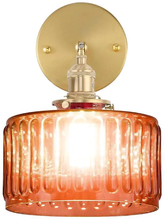 Main image of Farmhouse Vanity Light Orange Glass 1-Light Mid Century Wall Lights | Vintage Brushed Gold Brass Swing arm Round Stripe Glass Shade D6.7*H7.1 E26 Base for Over Mirror Bedroom Bathroom Hallway