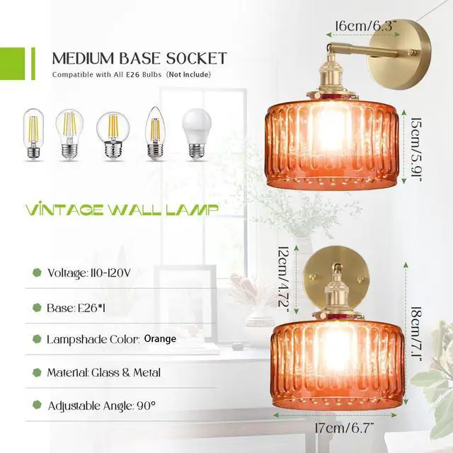 Alt view image 2 of 7 - Farmhouse Vanity Light Orange Glass 1-Light Mid Century Wall Lights | Vintage Brushed Gold Brass Swing arm Round Stripe Glass Shade D6.7*H7.1 E26 Base for Over Mirror Bedroom Bathroom Hallway