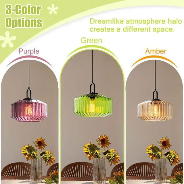 Alt view image 7 of 7 - Green Glass Hanging Light mid Century Modern Chandelier Pendant Lamps Striped Glass Shade Adjustable Cord Hanging Ceiling Lighting Fixture for Dining Room Kitchen Island Bedroom